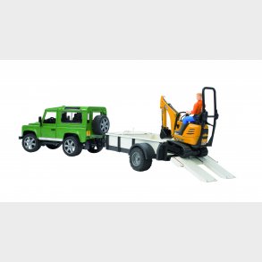 Land Rover Defender with trailer, JCB micro excavator and construction worker