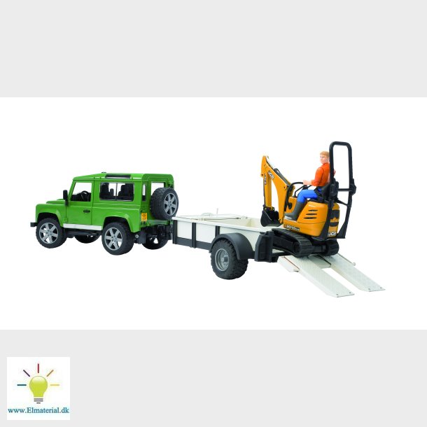 Land Rover Defender with trailer, JCB micro excavator and construction worker