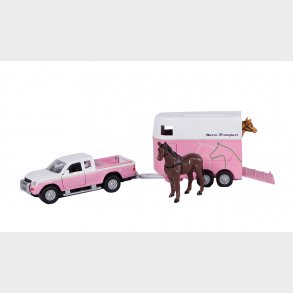 Mitsubishi L 200 med hestevogn og heste