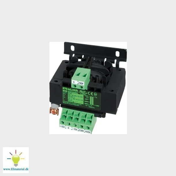 MTS sikkerheds transformer 1 faset 100 VA ind: 230 / 400 VAC +/-15 VAC ud: 24 VAC til skrue og DIN s