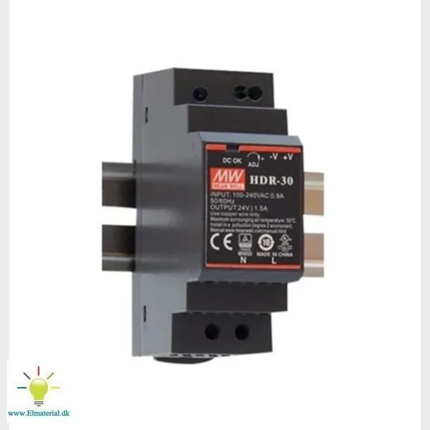 Strmforsyning, 1 faset, ind: 85-264V AC, ud: 24V DC, 1,5 A, 30 W
