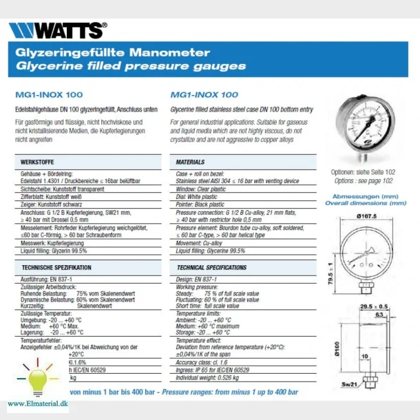 Glycerin Manometer 0-6Bar 100 " Lodret