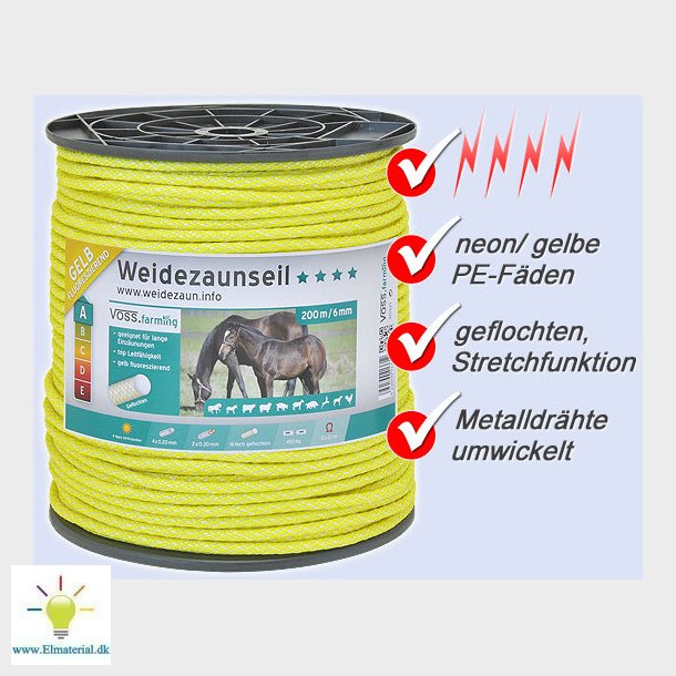 Elektrisk Hegn Reb 200M "Flettet"  Neon-Gul (1 Rulle Tilbage)