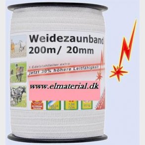 Elektriskt staketband 200m, 20mm, 5x0, 16 rostfritt stl, vit