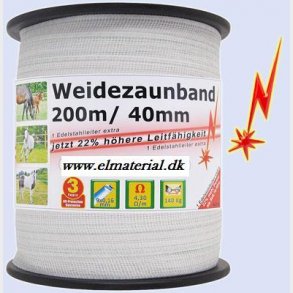 Elektriskt staketband 200m, 40mm, 9x0, 16 rostfritt stl, vit