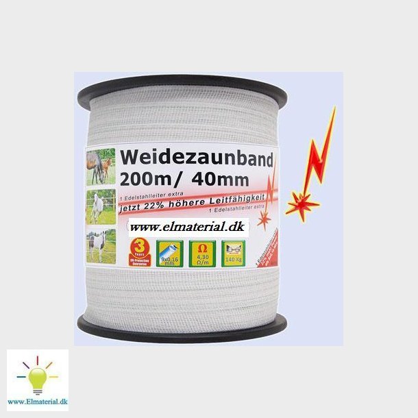 Elektrisk Hegn Bnd 200M, 40Mm, 9X0, 16 Rustfrit Stl, Hvid