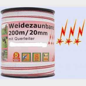 Elektrisk staketband 200m, 20mm, 1x0, 5x0 + 3 koppar, 2 rostfritt stl, vit och röd 3 ***