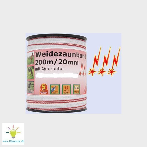 Elektrisk Hegn Tape 200M, 20Mm, 1X0, 5X0 + 3 Kobber, 2 Rustfrit Stl, Hvid Og Rd 3 ***