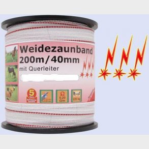 Elektrisk staketband 200m, 40mm, 1x0, 9x0 + 3 koppar, 2 rostfritt stl vitröd, 3 ***