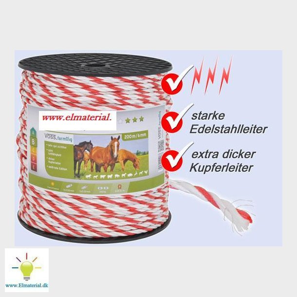 Elektrisk Hegn Reb 6Mm 200M, 1X0, 5X0 + 3 Kobber, 2 Rustfrit Stl, Hvid Og Rd 3 ***