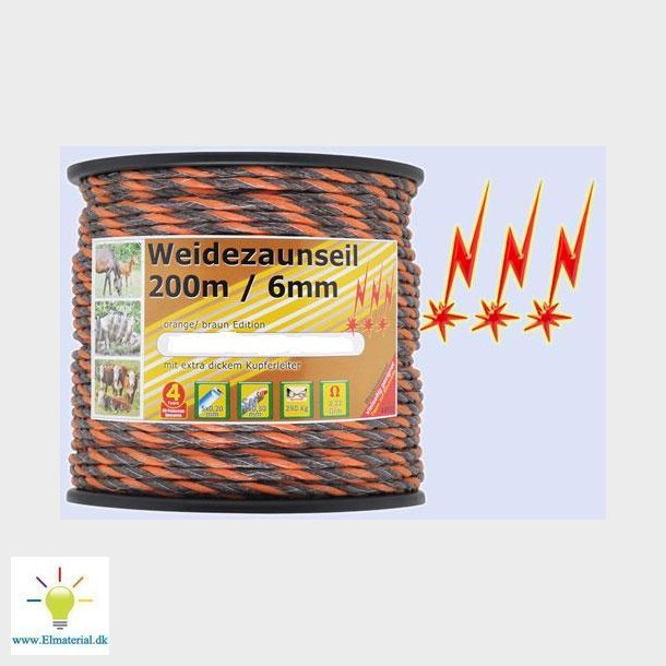 Elektrisk Hegn Reb 6Mm 200M, 1X0, 3 Kobber + 5X0, 2 Niro, Brun / Orange 3