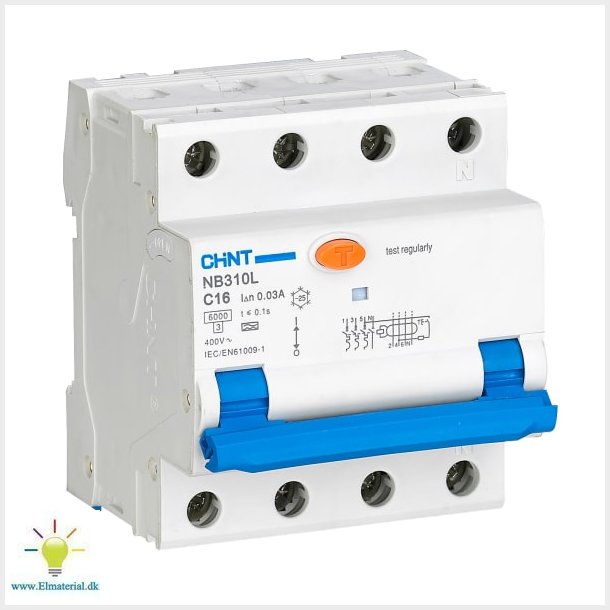 Kombinationsbrytare RCBO Chint, 3P+N, C-karakteristik, 30mA, 6kA