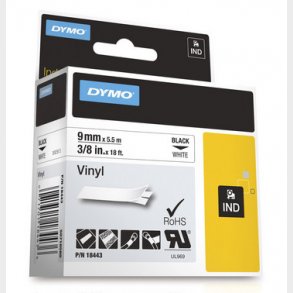 Dymo rhino tejp vinyl 9mmx5,5m svart p vit vinyl