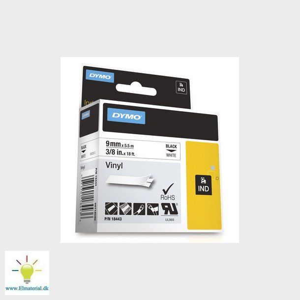 Dymo rhino tape vinyl 9mmx5,5m sort p hvid vinyl