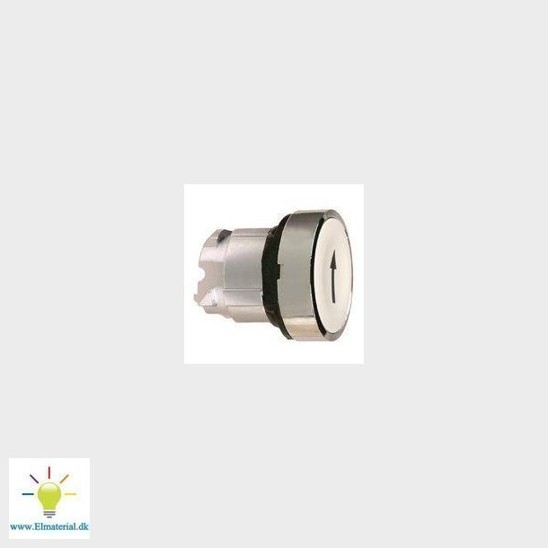 Harmony trykknaphoved i metal med fjeder-retur og plan trykflade i hvid farve med sort "pil op" sy