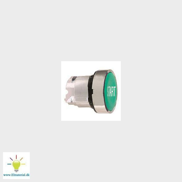 Harmony trykknaphoved i metal med fjeder-retur og plan trykflade i grn farve med hvidt "START"