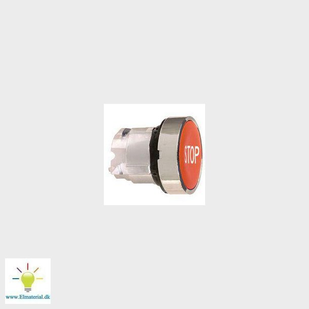 Harmony trykknaphoved i metal med fjeder-retur og plan trykflade i rd farve med hvidt "STOP"