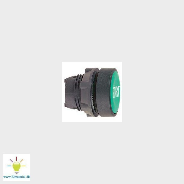 Harmony trykknapshoved i plast med fjeder-retur og plan trykflade i grn farve med hvidt "START"