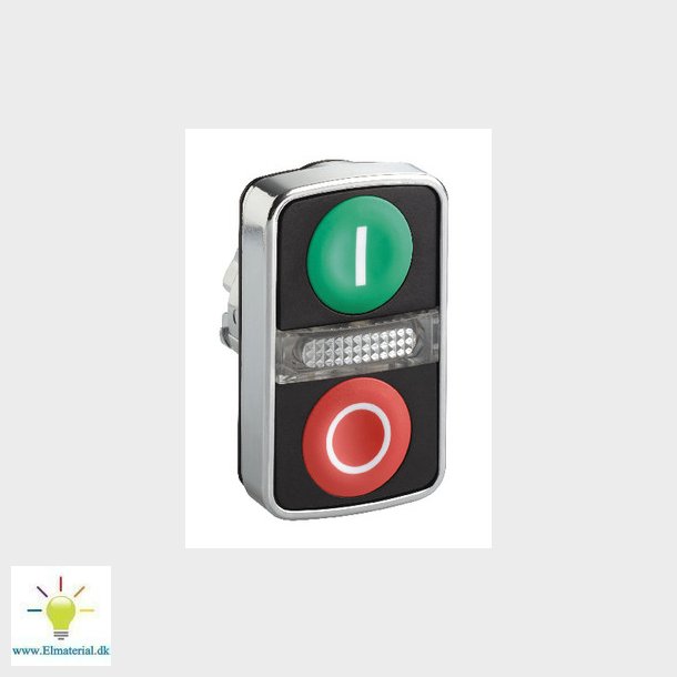Harmony dobbelt trykknaphoved i metal for LED med et hvidt "I" p en grn trykflade og et hvidt 