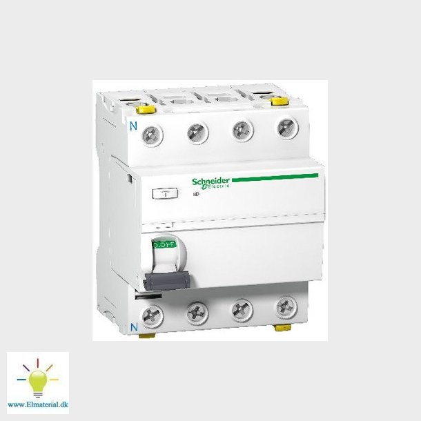 Acti9 iID HPFI-afbryder, 4P, 40A, 415V, 30mA, klasse A-Si A, dobbelt terminal. Bredde 72 mm.