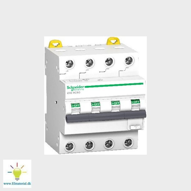 Acti9 iC60 kombiafbryder 4P, 16A, 415V, 30mA, 6kA, klasse A, C-karakteristik. Bredde 72 mm.