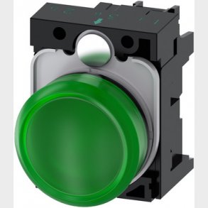 Indikatorlys, 22 mm, rund, plastik, gr�n, glat linse, med holder, LED modul 3SU1102-6AA40-1AA0
