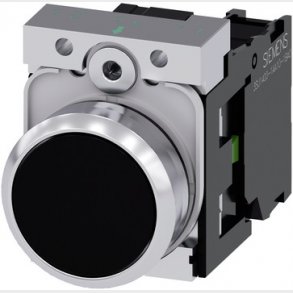 trykknap, 22 mm, rund, metal, skinnende, sort, flad knap, momentan kontakt, med holder, 1NO, skrue t