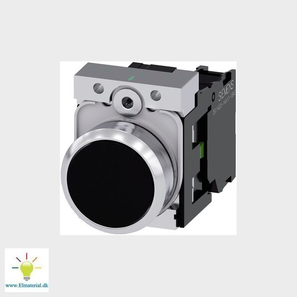 trykknap, 22 mm, rund, metal, skinnende, sort, flad knap, momentan kontakt, med holder, 1NO, skrue t