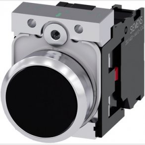 Trykknap, 22mm, rund, metal, skinnende, sort, flad knap, momentan kontakt, med holder, 1NC,