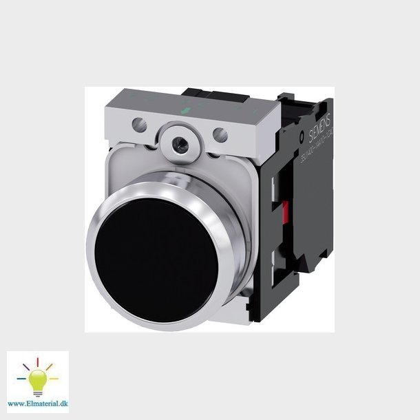 Trykknap, 22mm, rund, metal, skinnende, sort, flad knap, momentan kontakt, med holder, 1NC,