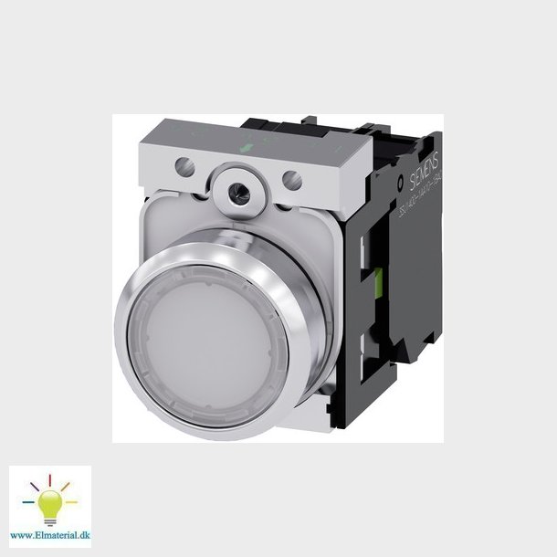 Lystrykknap, 22 mm, rund, metal, skinnende, hvid, flad, momentan kontakt type, med holder, 1NO, LED 