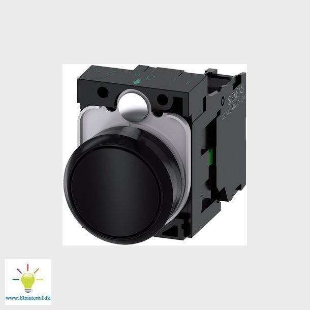 Trykknap, 22 mm, rund, plastik, sort, flad, momentan kontakt type, med holder 1NO, skrue terminal