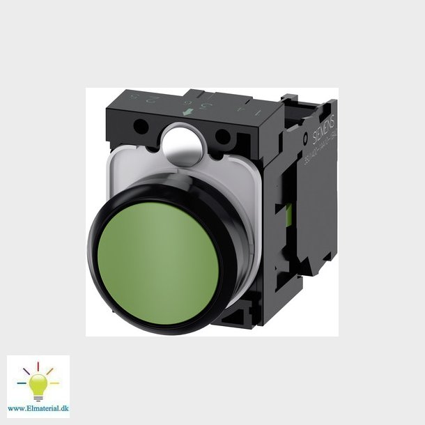 Trykknap, 22 mm, rund, plastik, grn, flad, momentan kontakt type, med holder 1NO, skrue terminal