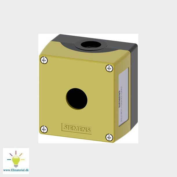 Trykknapkasse 22 mm, rund, top, gul, 1 hul, plastik, hul i midten, tom