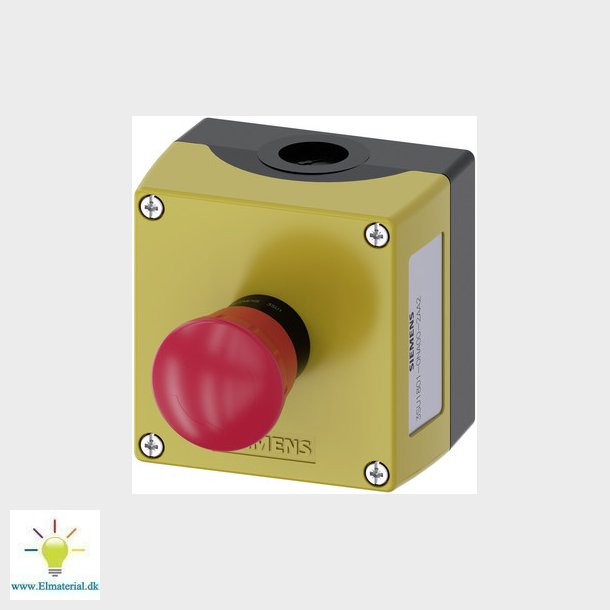 Ndstopkasse, 22 mm, rund, plastik kapsling, gul top, ndstop paddehatte trykknap i rd, 40 mm, skru