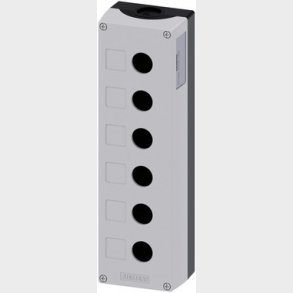 Trykknapkasse 22 mm, rund, top, gr�, 6 huls plastik, fordybning til etiketter, tom