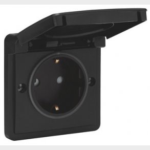 Schuko stikkontakt, IP44, sort