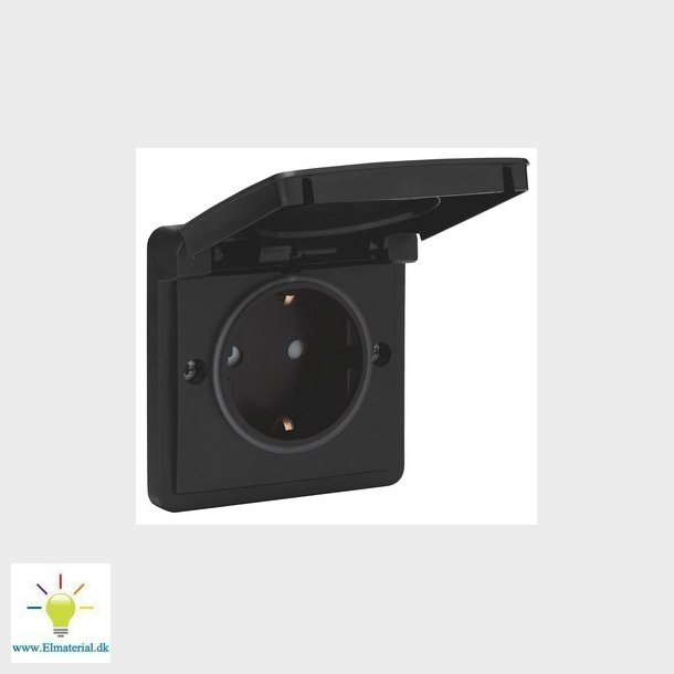 Schuko stikkontakt, IP44, sort