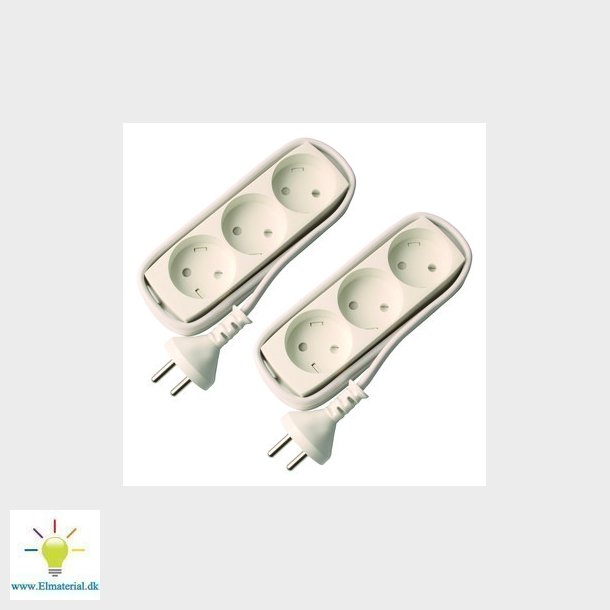 Stikdse T3 3 runde stik uden jord 1,5 meter hvid 2-pak