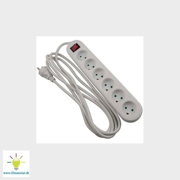 Stikdse 6R med jord m/afbryder 3 meter hvid